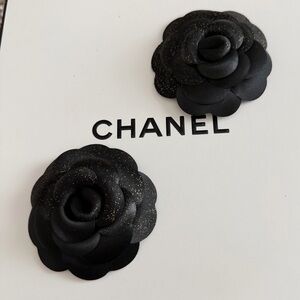 CHANEL Black Camellia Pair with Subtle Gold Speckle